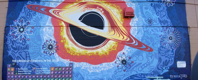 Conceptualization of a black hole rendered as graffiti on an exterior wall