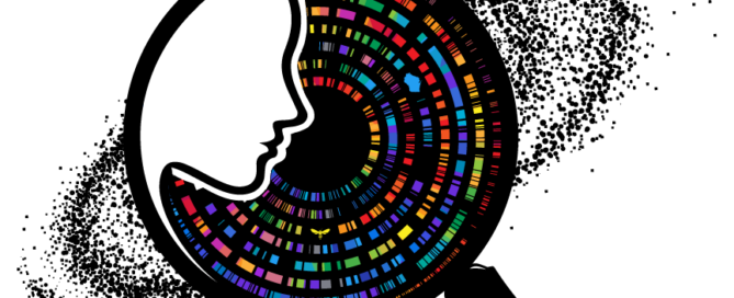 WSF 2026 Theme logo depicting a magnifying glass examining the genome with a human looking on from the side. The entire motif is set on a galaxy to depict the vastness of the human experience.