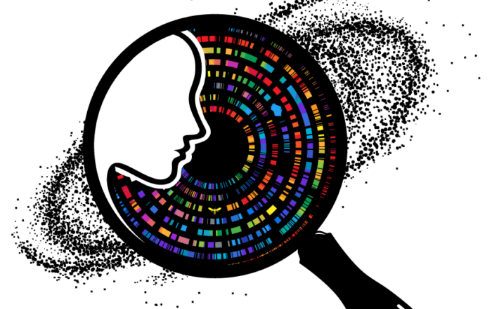 WSF 2026 Theme logo depicting a magnifying glass examining the genome with a human looking on from the side. The entire motif is set on a galaxy to depict the vastness of the human experience.